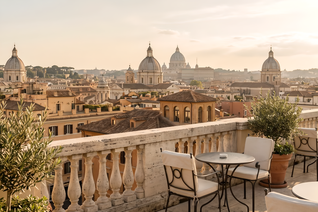 Elegant rooftop terrace overlooking Rome's historic domes and terracotta rooftops at golden hour.